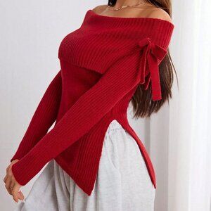 Burgundy Casual Women's Asymmetric Hem Off Shoulder Long Sleeve Sweater